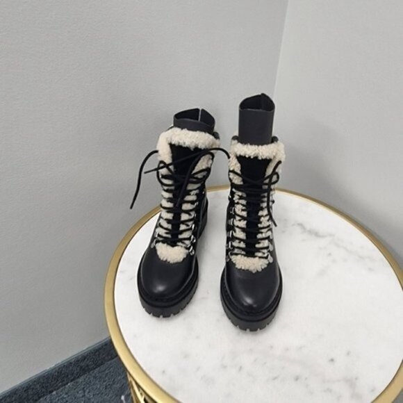 Marc Fisher Nalina Hiking Boot Leather Combat Faux Fur Black 7.5M - Picture 6 of 6